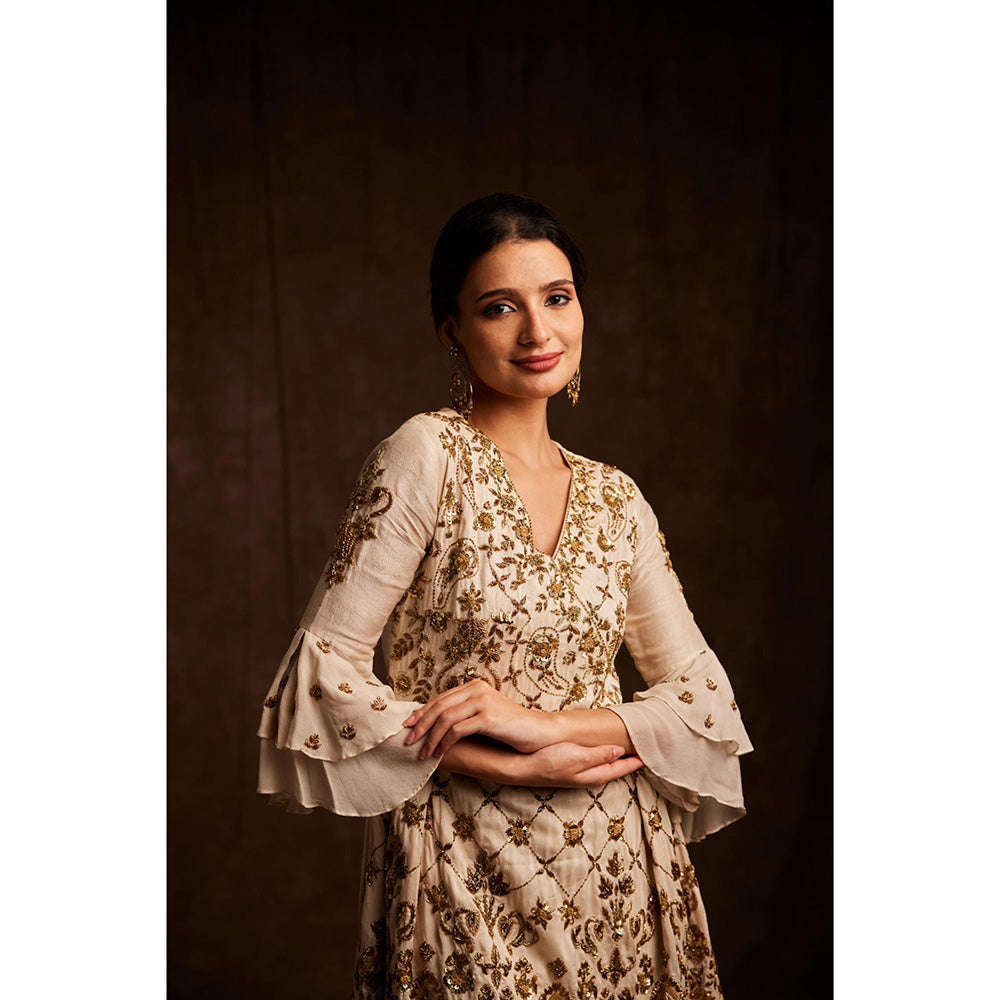 Label Gayatri Bishnoi Beige Salma Sitara Peplum Top with Sharara and Dupatta (Set of 3)