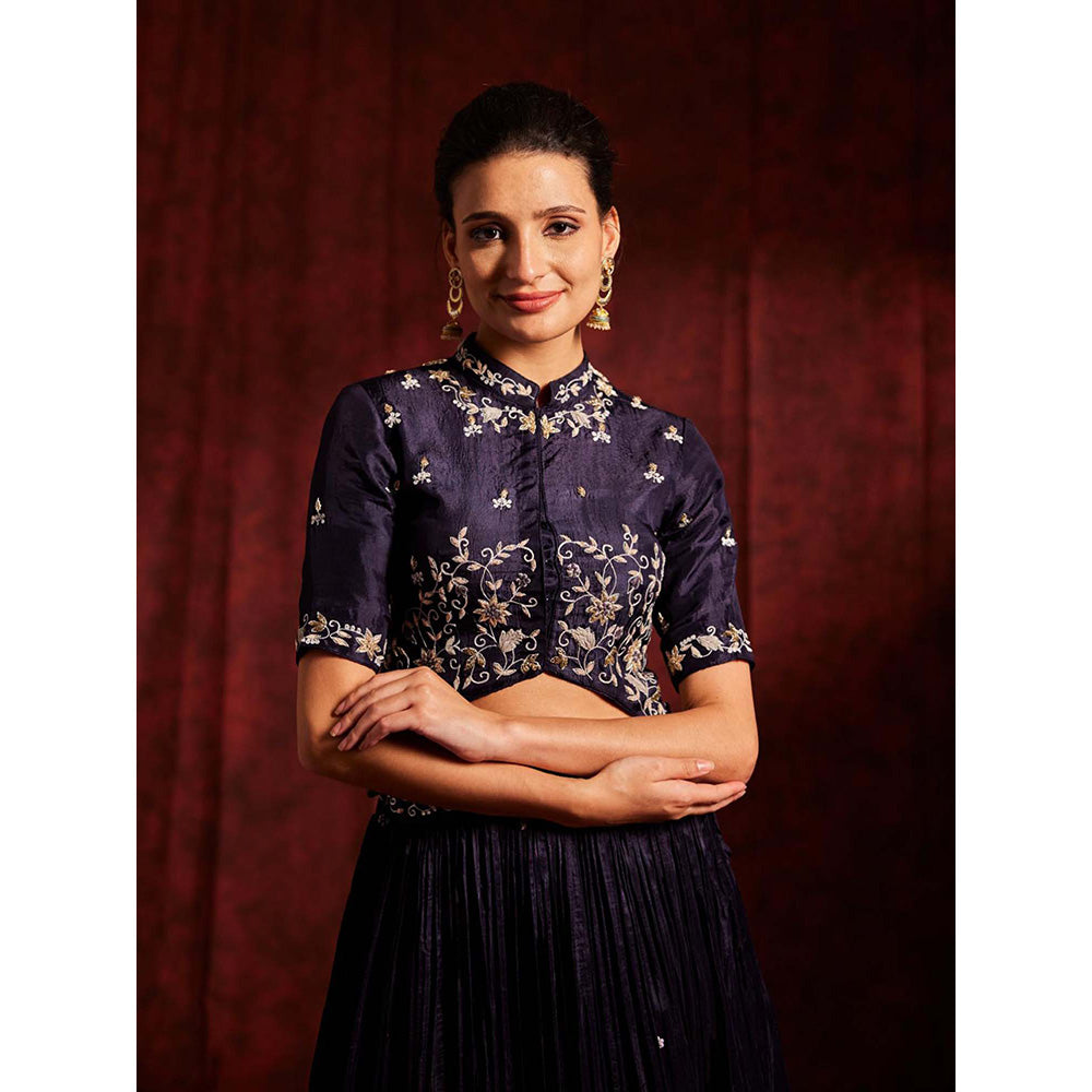 Label Gayatri Bishnoi Navy Blue Jacket with Lehenga and Dupatta (Set of 3)