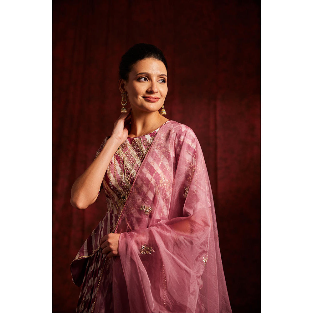 Label Gayatri Bishnoi Pink Onion Lechery Lehenga with Peplum Top and Dupatta (Set of 3)