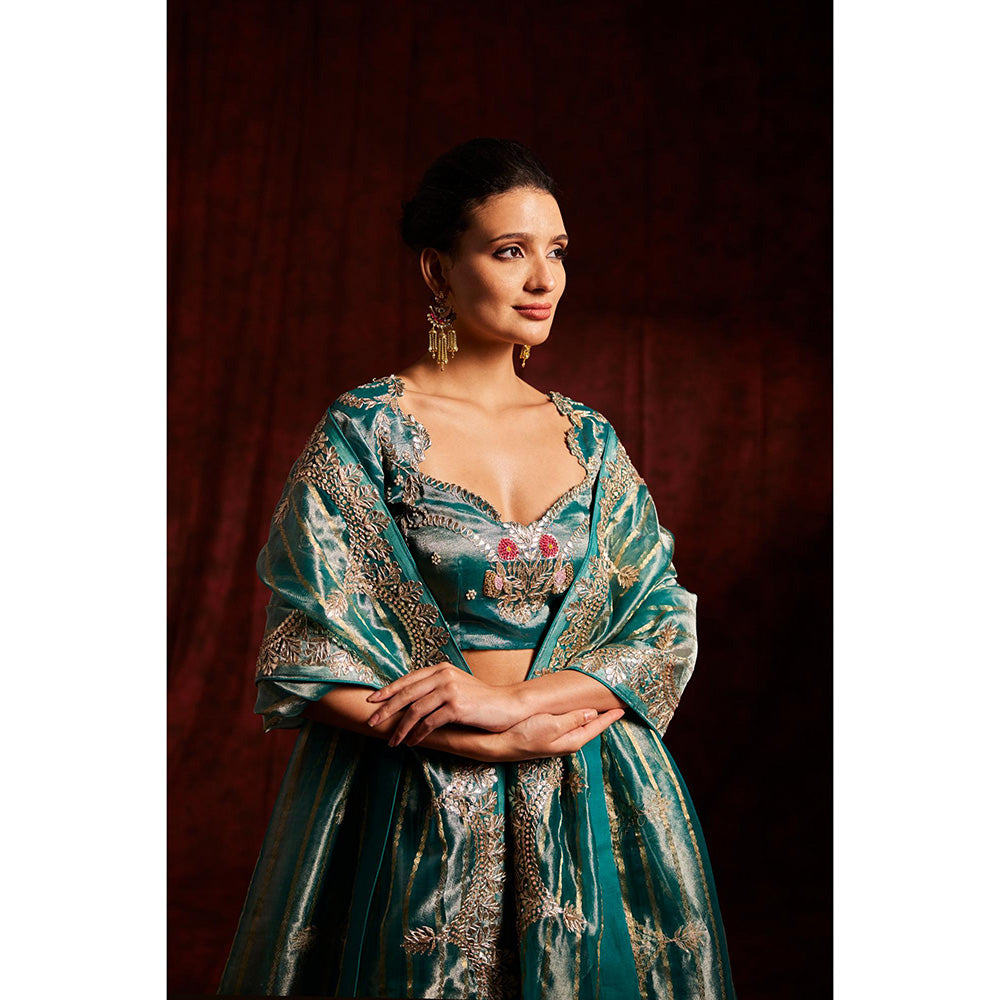 Label Gayatri Bishnoi Teal Blue Gota Patti Tissue Lehenga with Blouse and Dupatta (Set of 3)