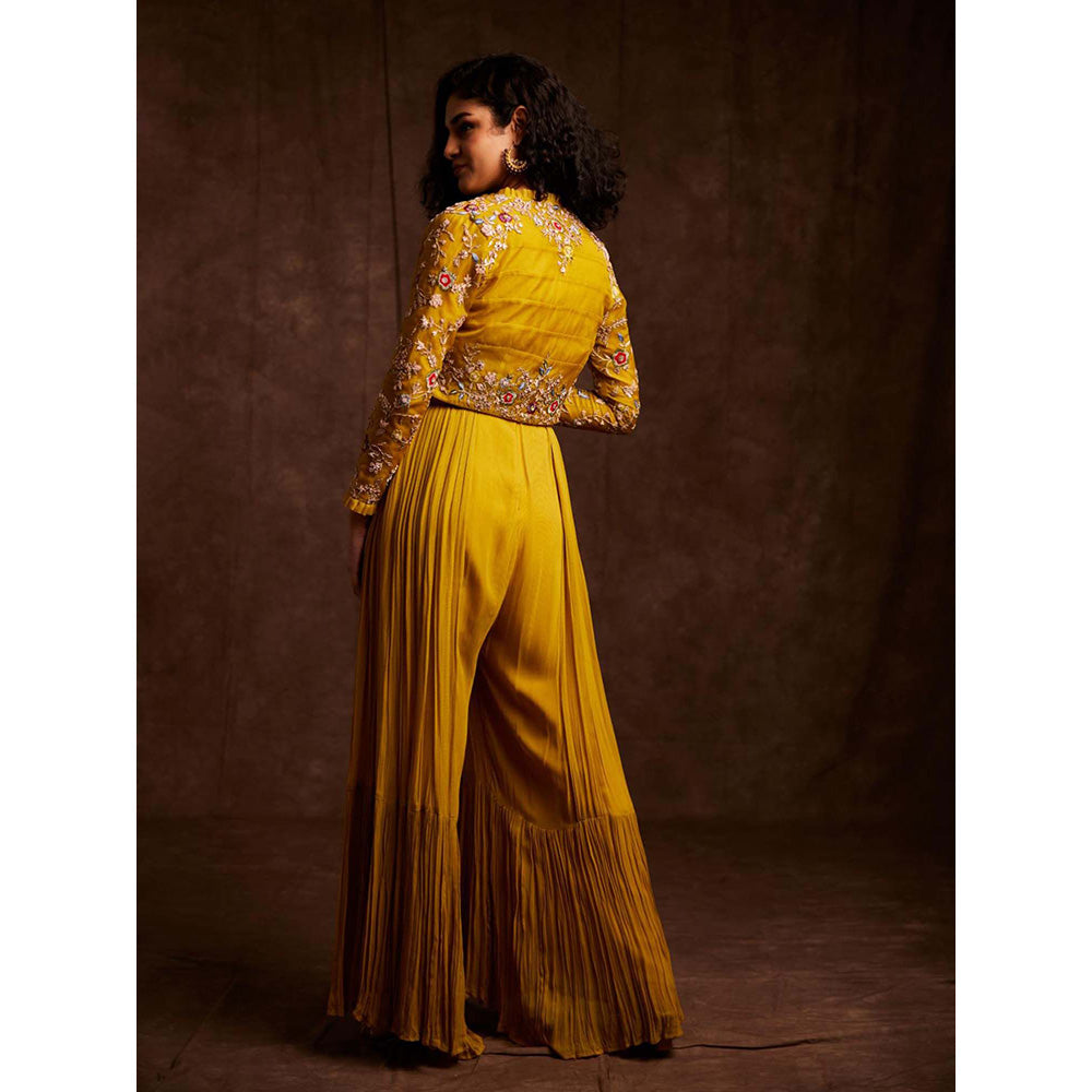 Label Gayatri Bishnoi Mustard Fit and Flared Yellow Pouch Bag Belt with Jumpsuit and Jacket (Set of 3)
