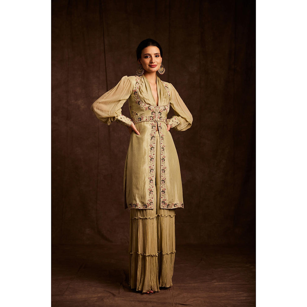 Label Gayatri Bishnoi Green Cowl Neck Kurta with Sharara and Dupatta (Set of 3)