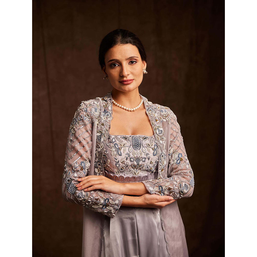 Label Gayatri Bishnoi Metallic Silver Bustier with Cape and Palazzo (Set of 3)
