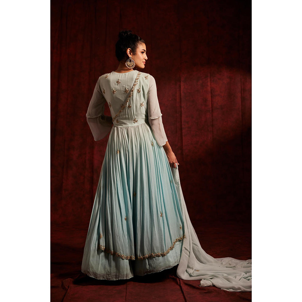 Label Gayatri Bishnoi Ice Blue Blouse with Lehenga, Jacket and Dupatta (Set of 4)