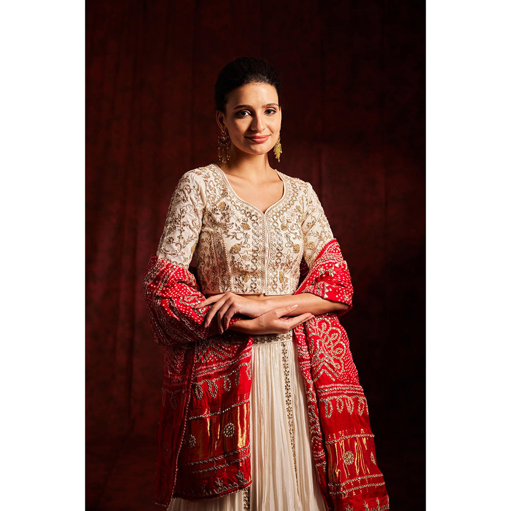 Label Gayatri Bishnoi White Sukh Bandani Lehenga with Blouse and Dupatta (Set of 3)