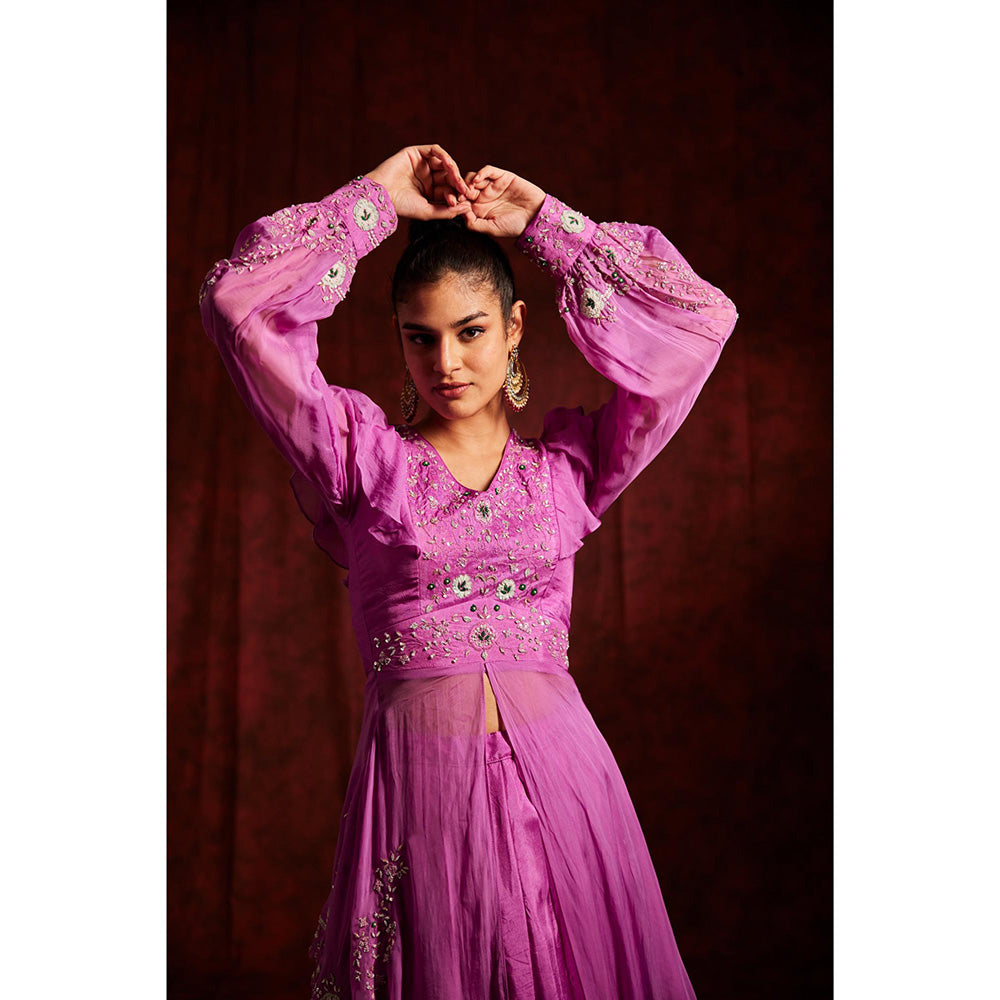 Label Gayatri Bishnoi Purple Asymmetrical Mid Slit Lehenga with Kurta and Dupatta (Set of 3)