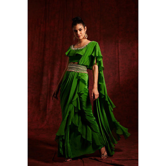 Label Gayatri Bishnoi Green Scarlett Ruffle Pre Draped Saree with Stitched Blouse and Belt