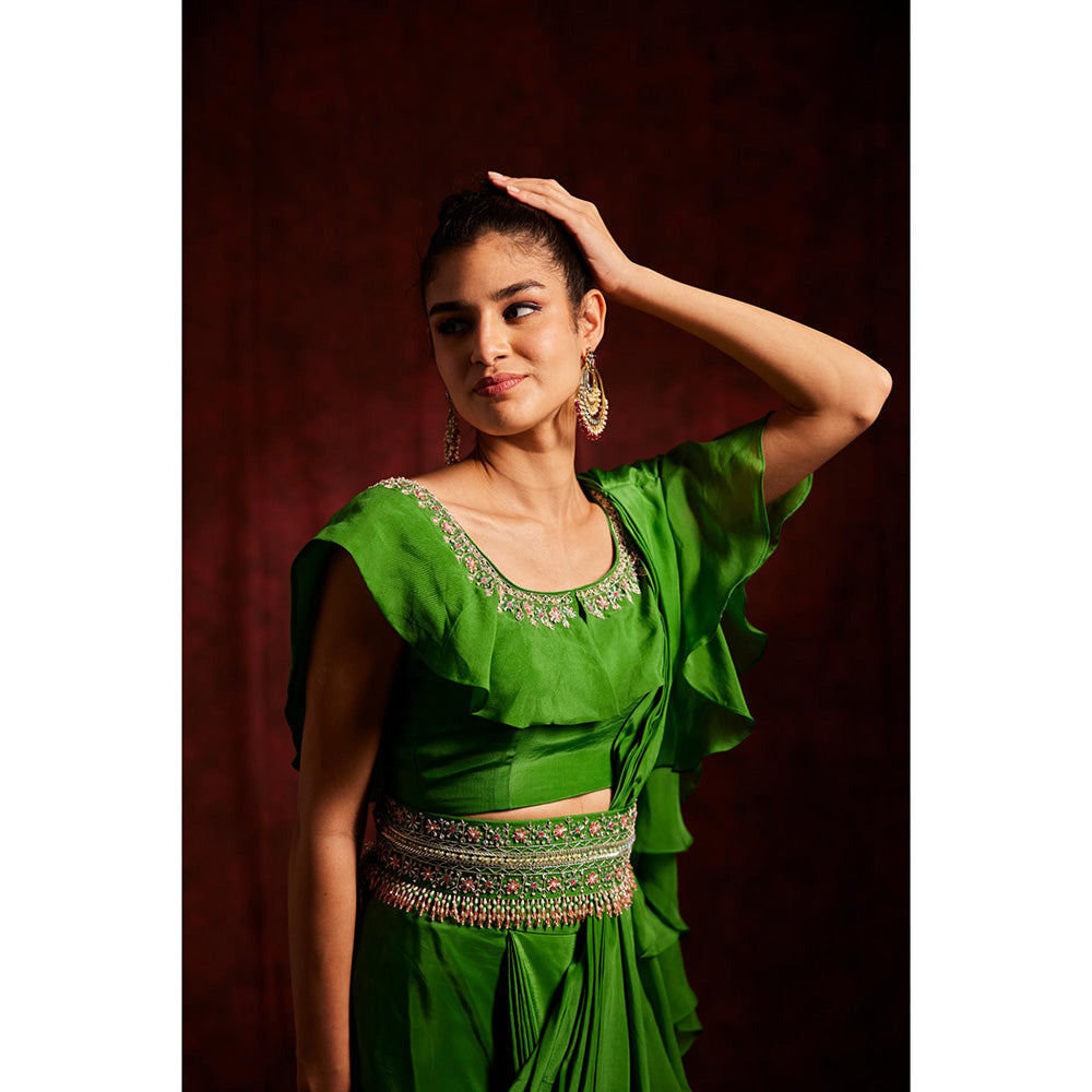 Label Gayatri Bishnoi Green Scarlett Ruffle Pre Draped Saree with Stitched Blouse and Belt