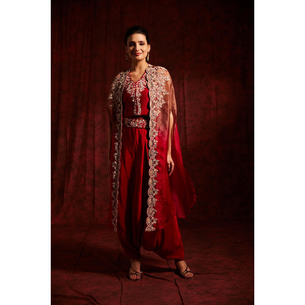 Label Gayatri Bishnoi Raub Red Ombre Cape with Top, Dhoti Pant and Belt (Set of 3)