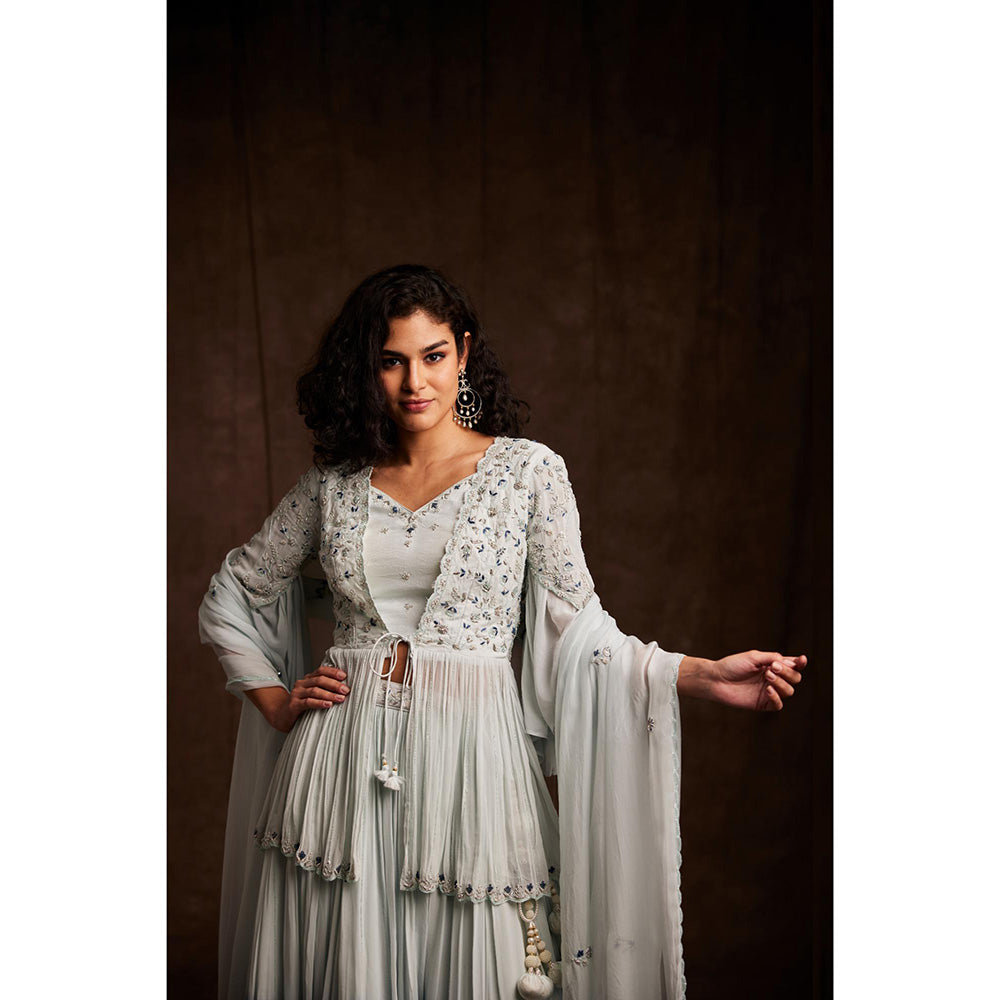 Label Gayatri Bishnoi Blue Ambani Ombre Peplum Top with Lehenga and Dupatta (Set of 3)