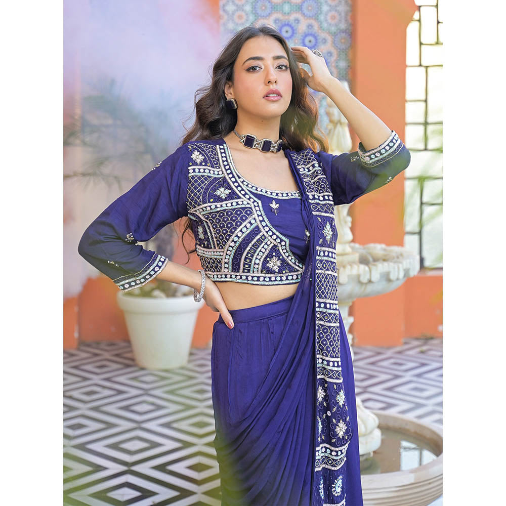 Label S4U Purple Mirror Work Pre-Draped Saree with Blouse