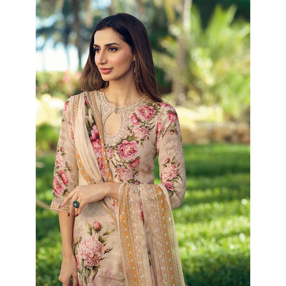 Label S4U Beige Vintage Rose Printed Kurti with Sharara and Dupatta (Set of 3)