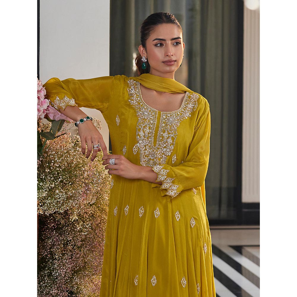 Label S4U Yellow Embroidered Anarkali Kurta with Churidar and Dupatta