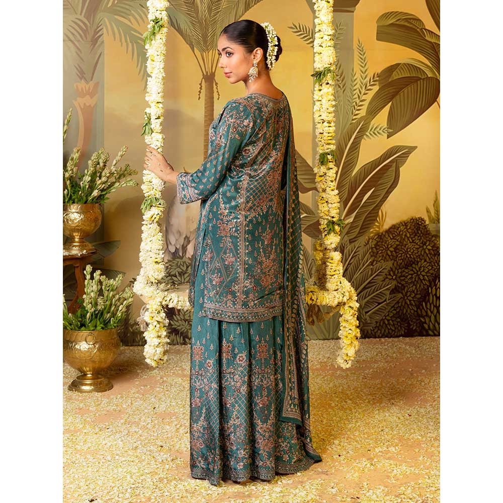 Label S4U Emerald Green Grace Printed Kurti with Palazzo and Dupatta