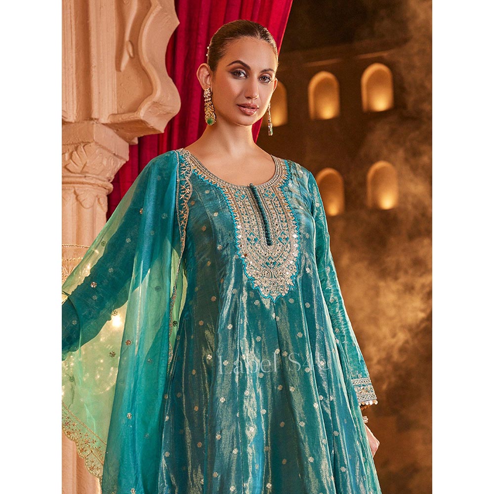 Label S4U Teal Embroidery Anarkali with Pant and Dupatta