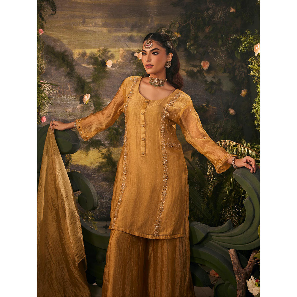 Label S4U Womens Tissue Sequined Yellow Kurta with Palazzo and Dupatta