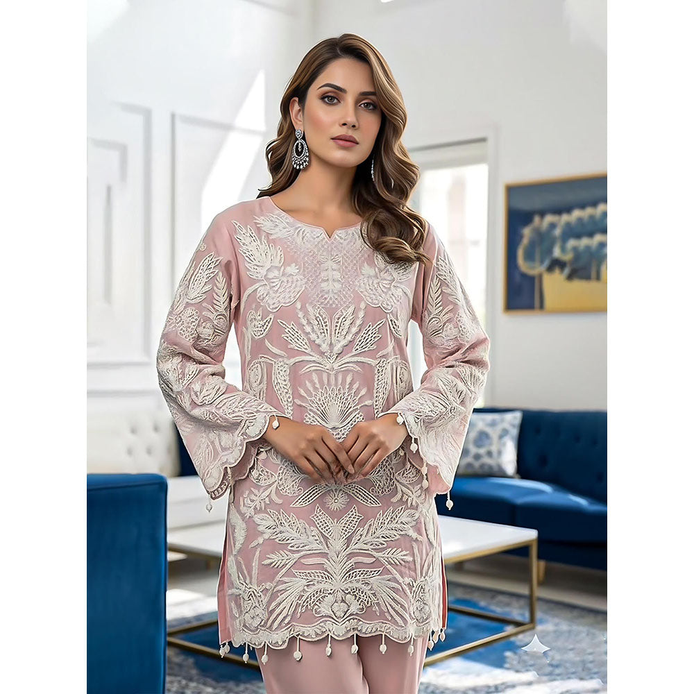 Label S4U Womens Tissue Embroidered Pink Kurti with Pant