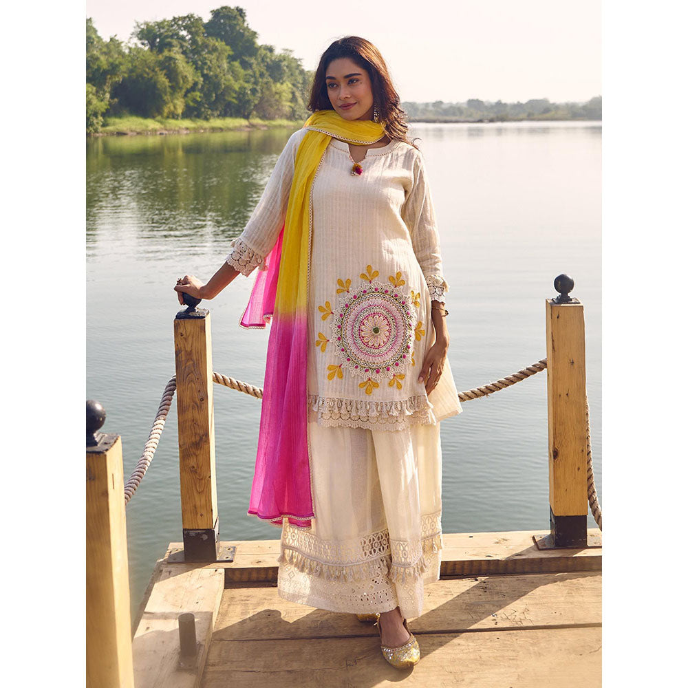 Label S4U Womens Cotton Embroidered Beige Kurta with Palazzo and Dupatta