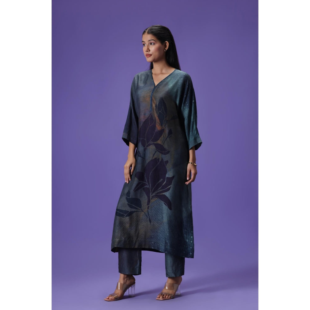 Label Radini Twilight Grace Long Kurta with Pant - Navy Blue