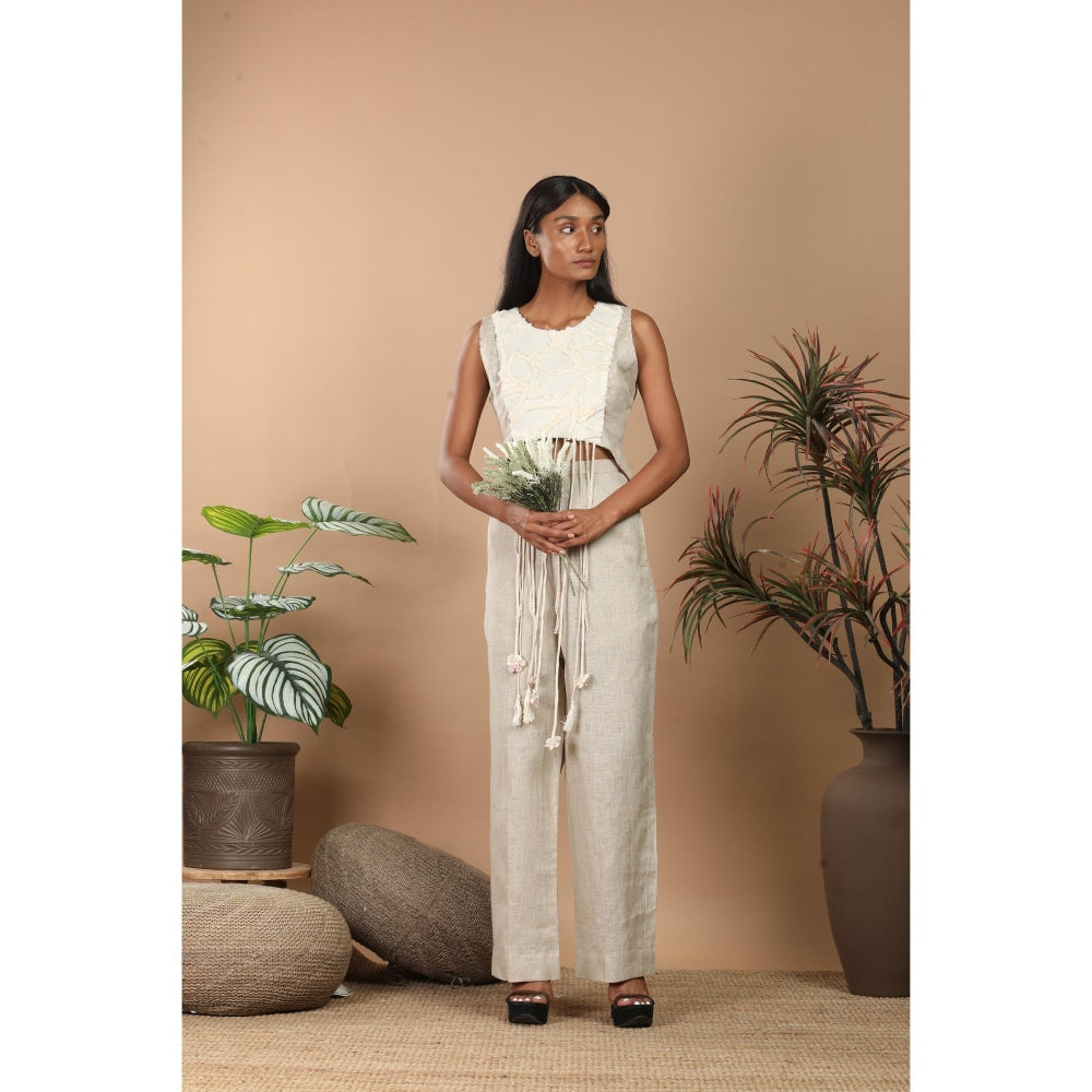 LABEL NIYAMI Off White Fringes Crop Top with Pant