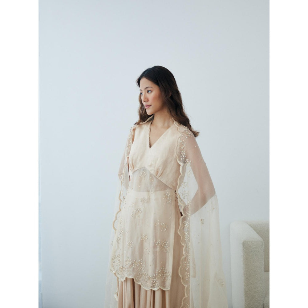 Lavanya Ahuja Pearled Sand Kurta and Sharara with Dupatta (Set of 3)