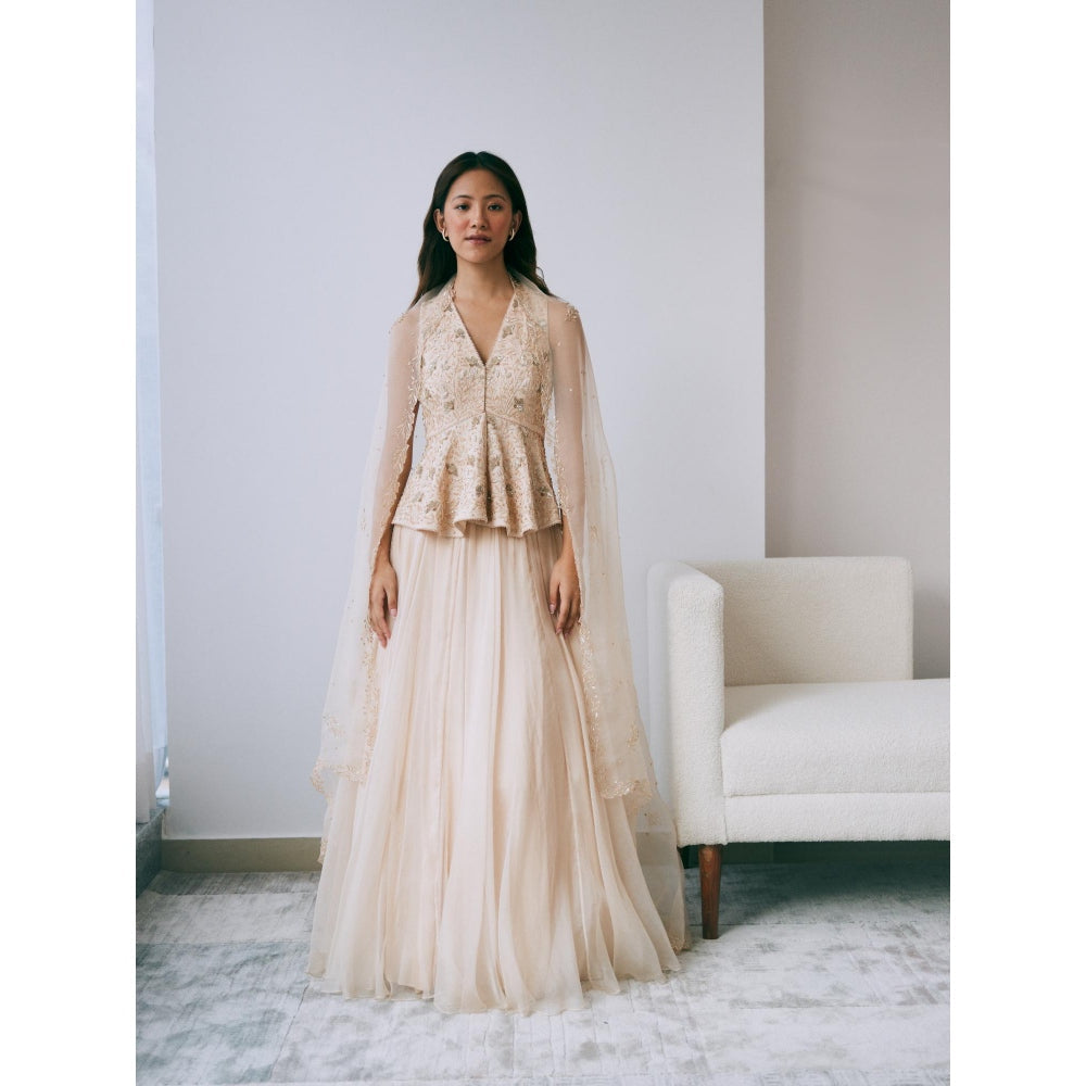 Lavanya Ahuja Pearled Sand Peplum Lehenga with Blouse and Dupatta (Set of 3)