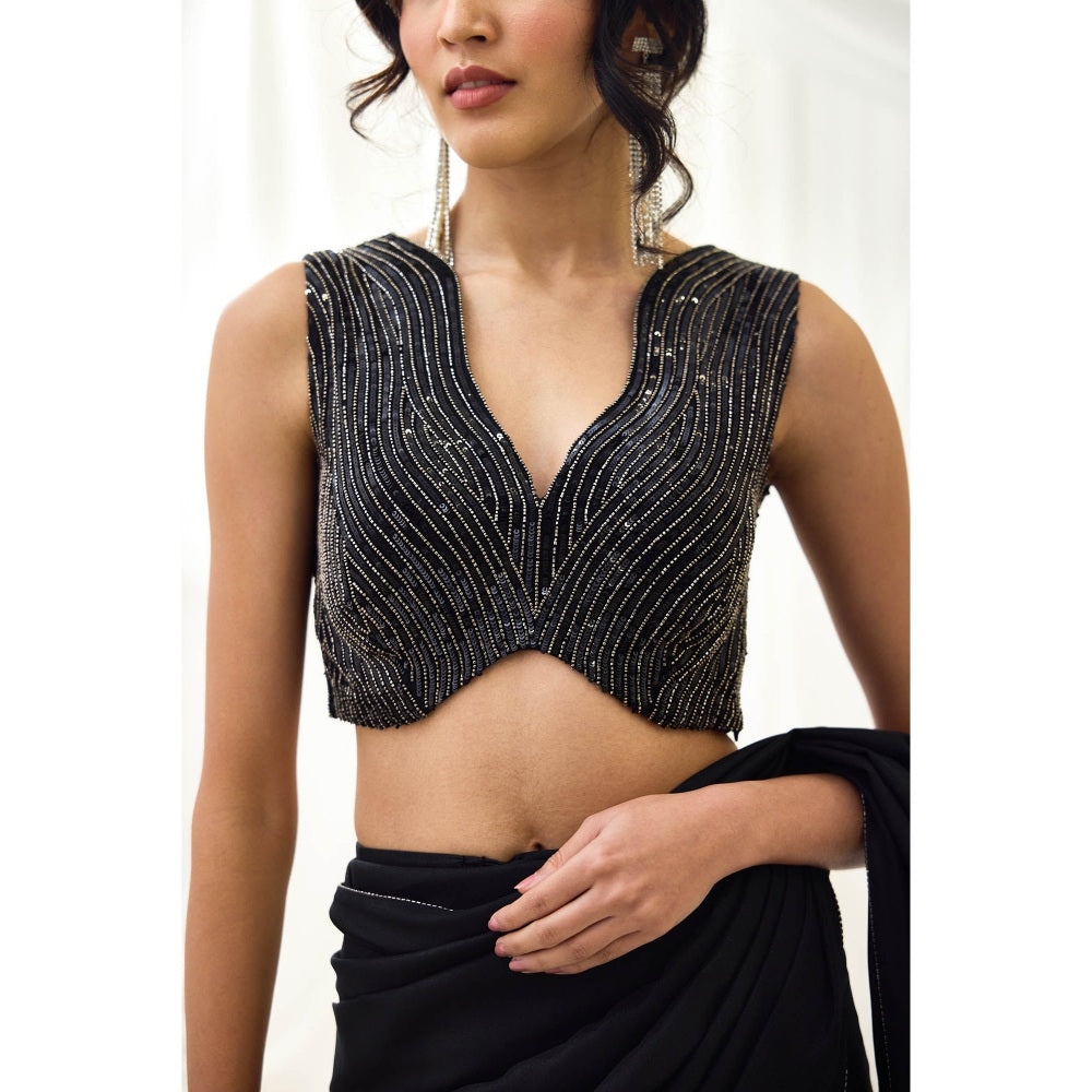 Lavanya Ahuja Black Metallic Pre-Draped Saree with Stitched Blouse