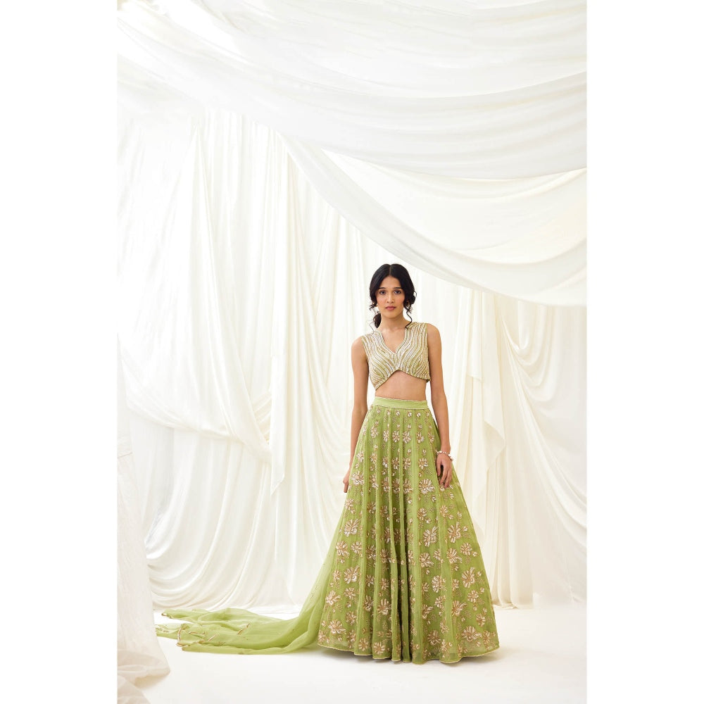 Lavanya Ahuja Green Embroidered Organza Lehenga with Blouse and Dupatta (Set of 3)