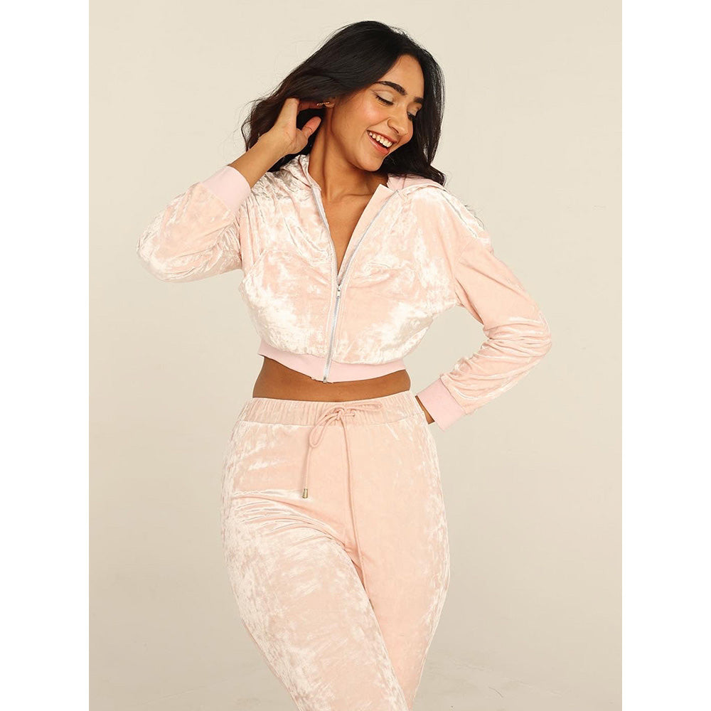 Lea Clothing Cady Baby Pink Velour Crop Hoodie