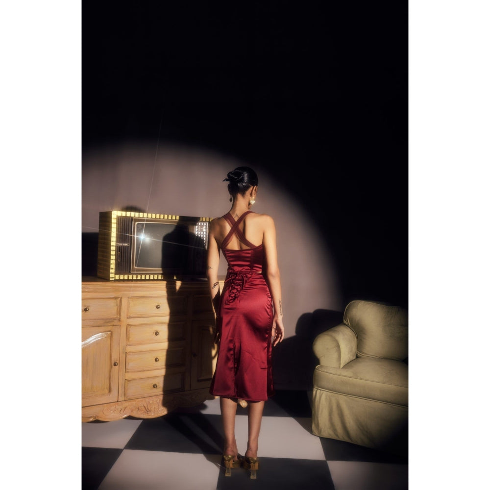 Lea Clothing Alina Burgundy Corset Top & Midi Skirt Maroon (Set of 2)