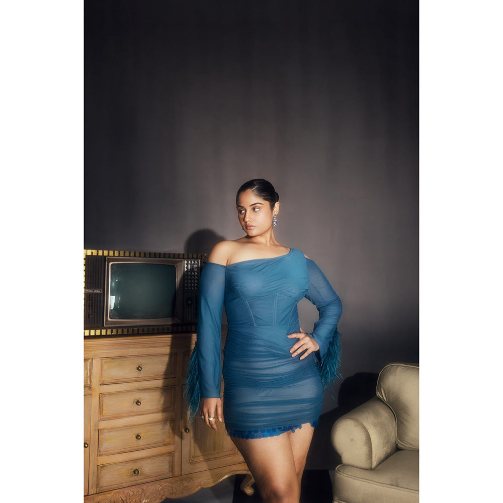 Lea Clothing Peyton Teal Ruched Feather Embellished Dress