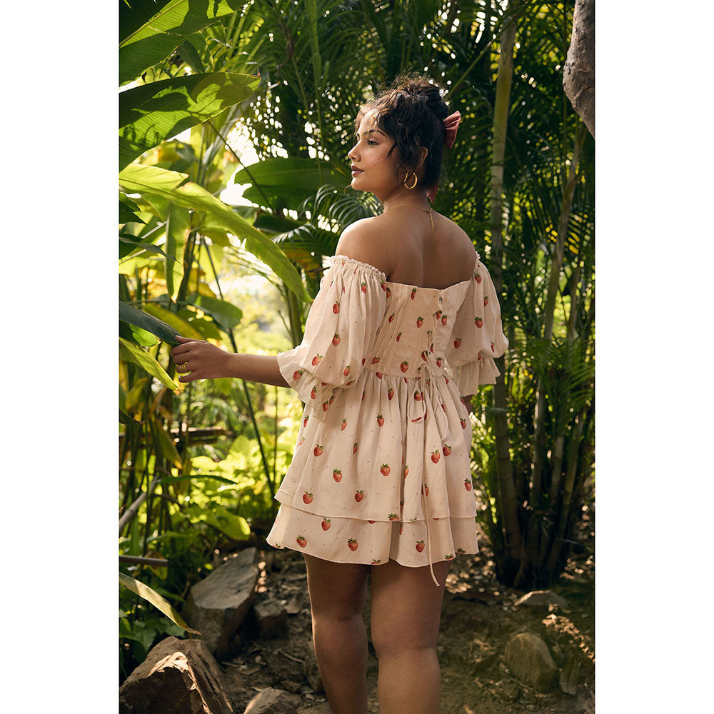 Lea Clothing Cream Lillibeth Strawberry Printed Mini Dress