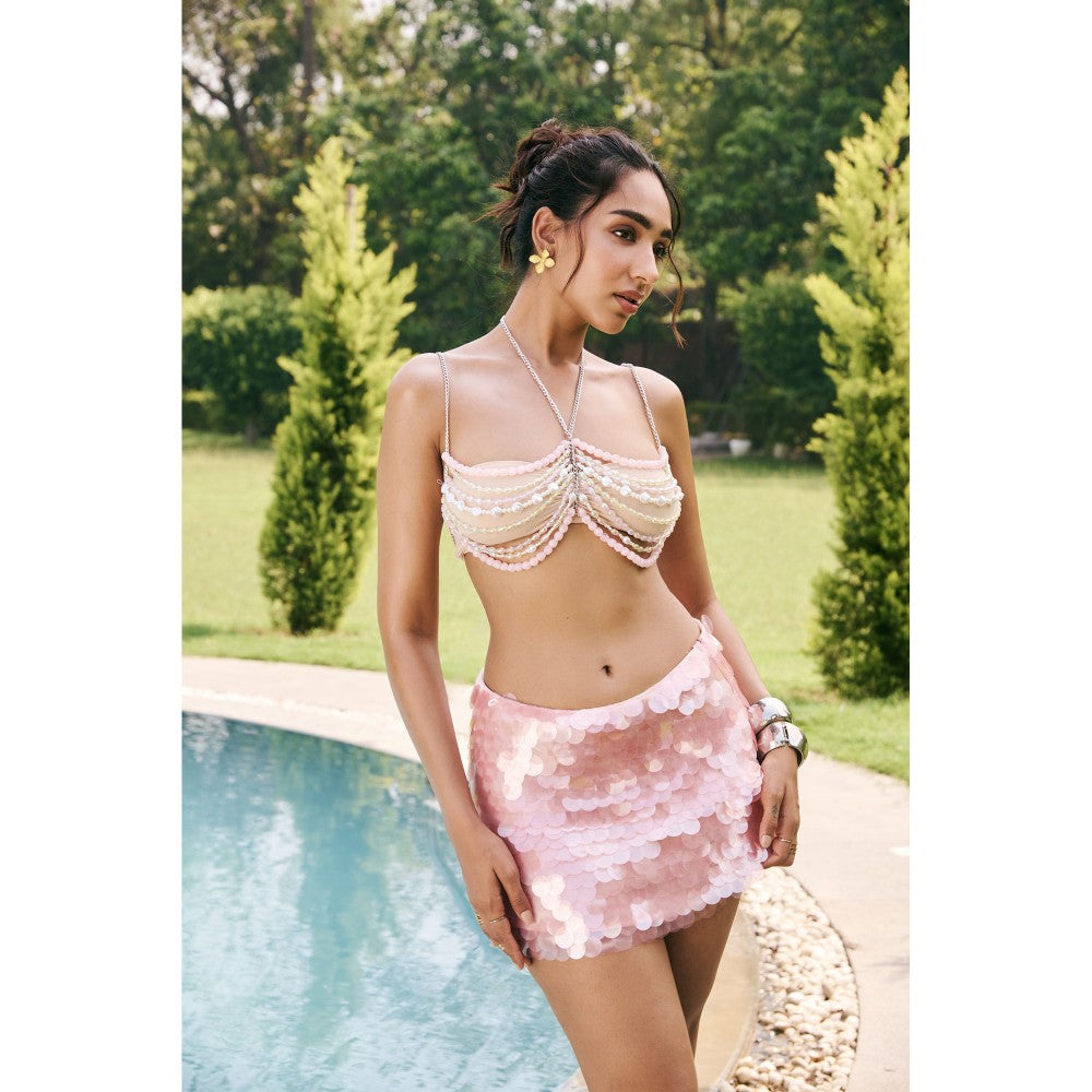 Lea Clothing Cove Baby Pink and White Embellished Top