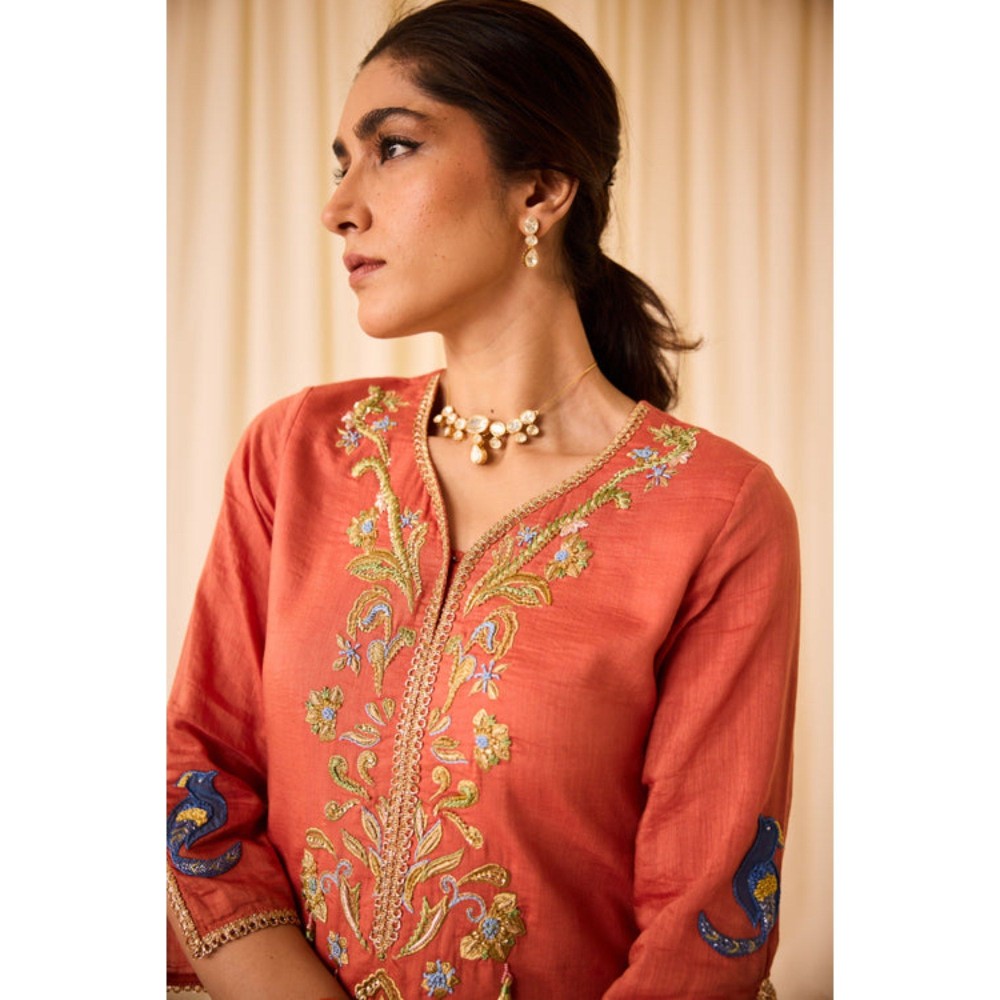 Leela by A Rust Short Kurta with Tulip Pants and Dupatta