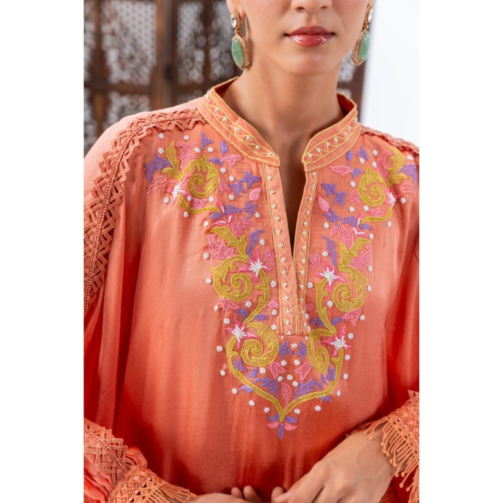 Leela by A Peach Chiffon Kaftan Kurta With Pant And Inner
