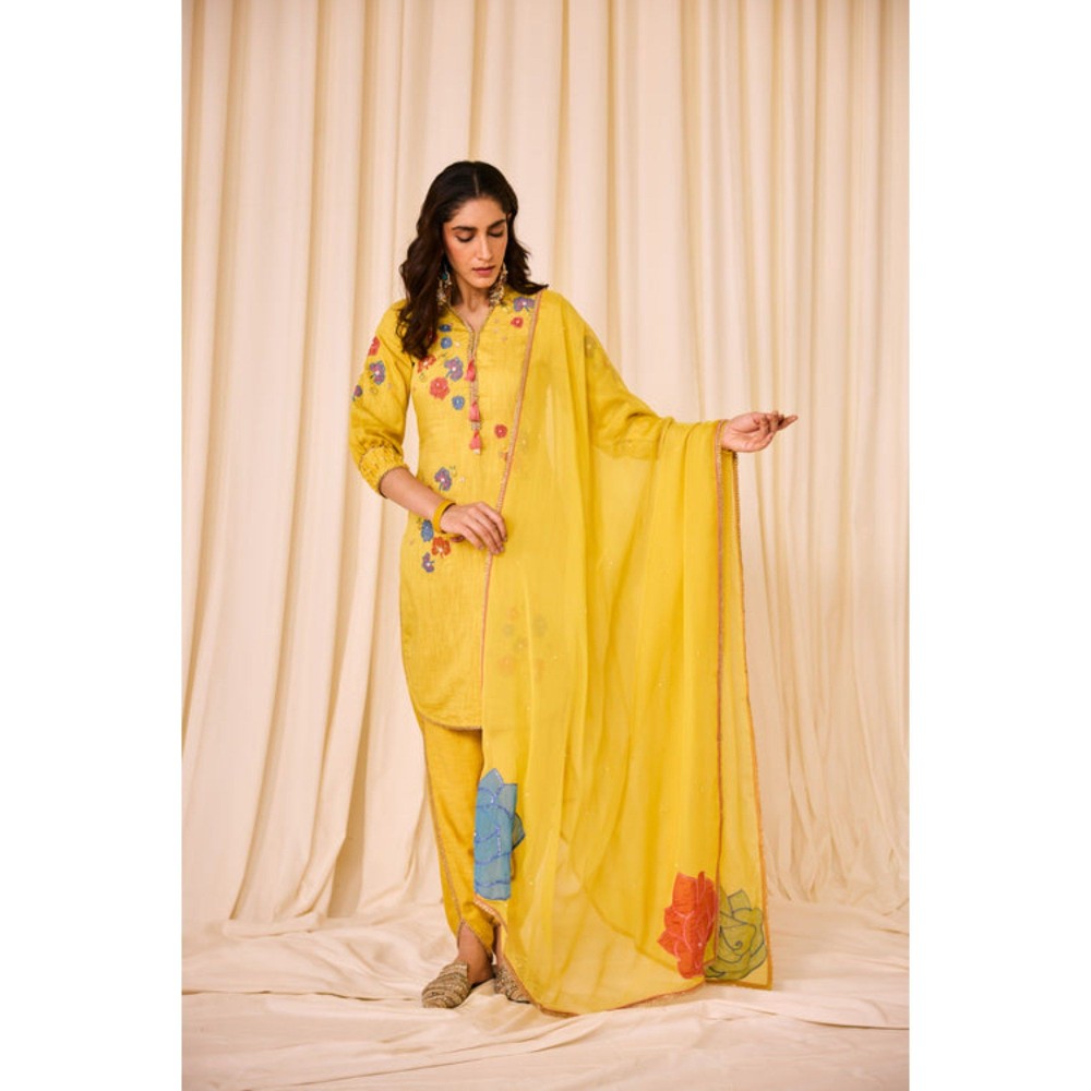 Leela by A Yellow Straight Tulip And Abstract Applique Kurta With Pant And Dupatta