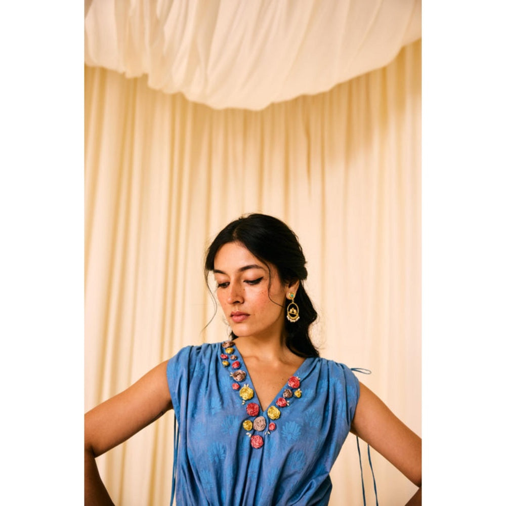 Leela by A Blue Jacquard Cotton Neck Embroidery Jumpsuit