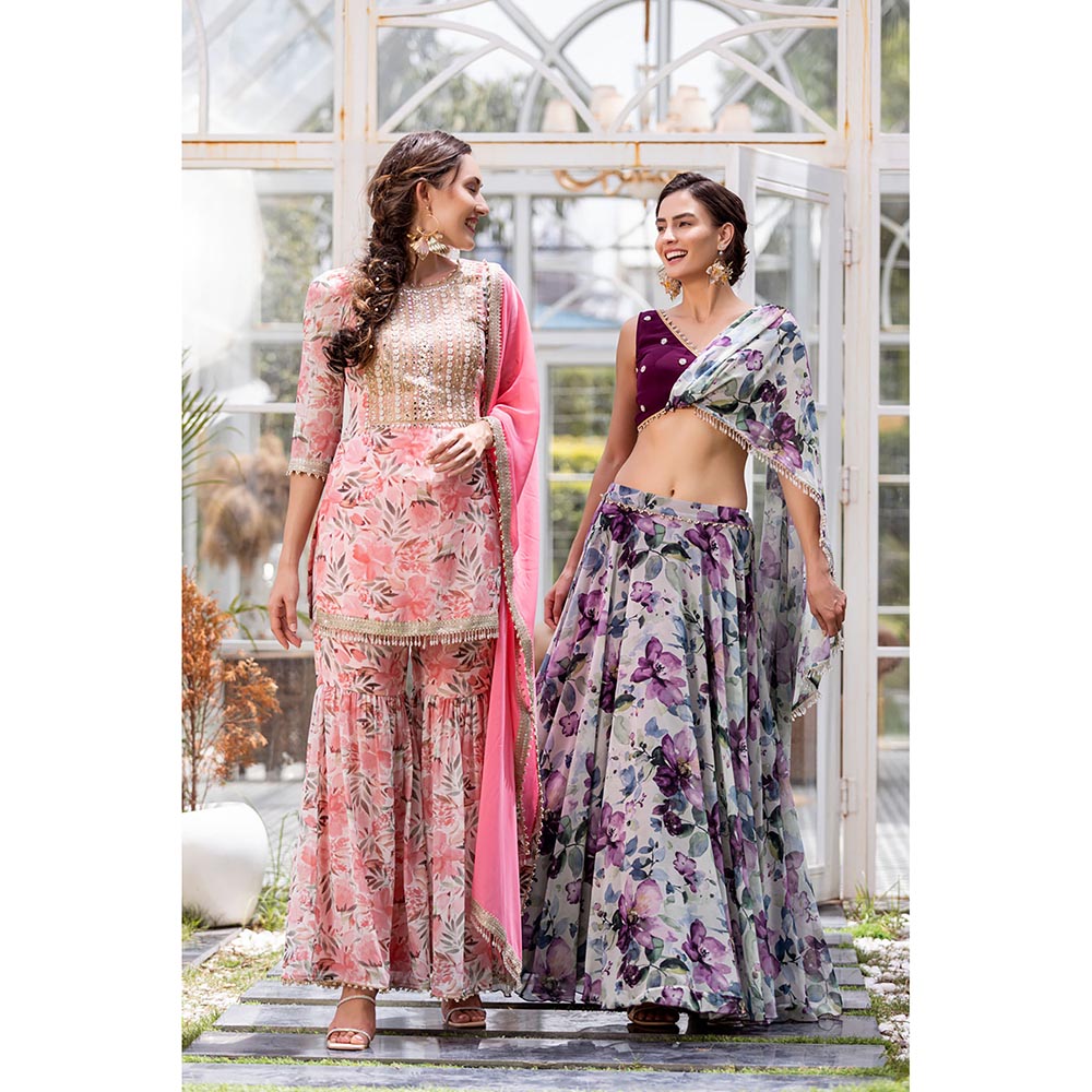 MABISH LUXE Pink Sweet Pea Kurti with Sharara and Dupatta (Set of 3)