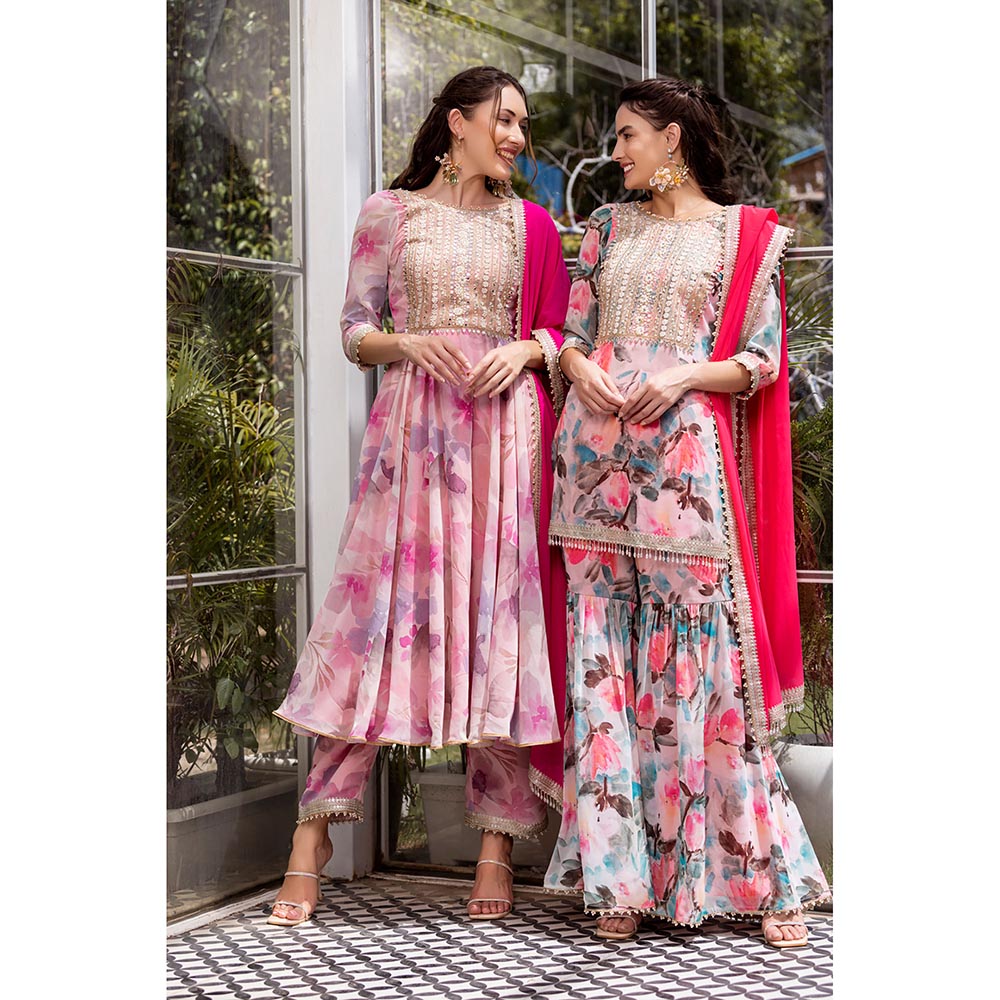 MABISH LUXE Pink Exotic Begonia Kurti with Sharara and Dupatta (Set of 3)