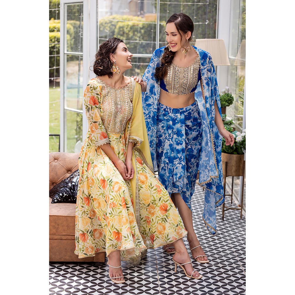 MABISH LUXE Yellow Sweet Freesia Anarkali with Pant and Dupatta (Set of 3)
