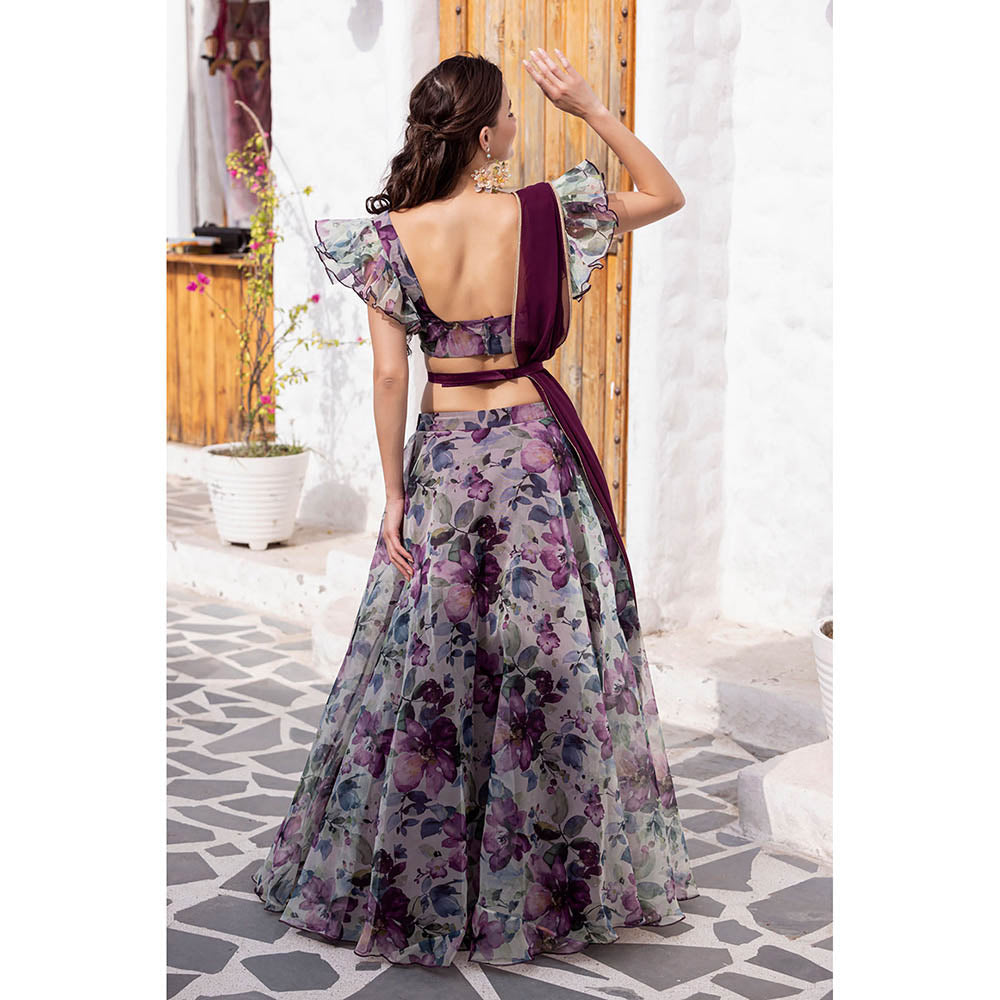 MABISH LUXE Burgundy Morning Glory Blouse with Lehenga, Dupatta and Belt (Set of 4)