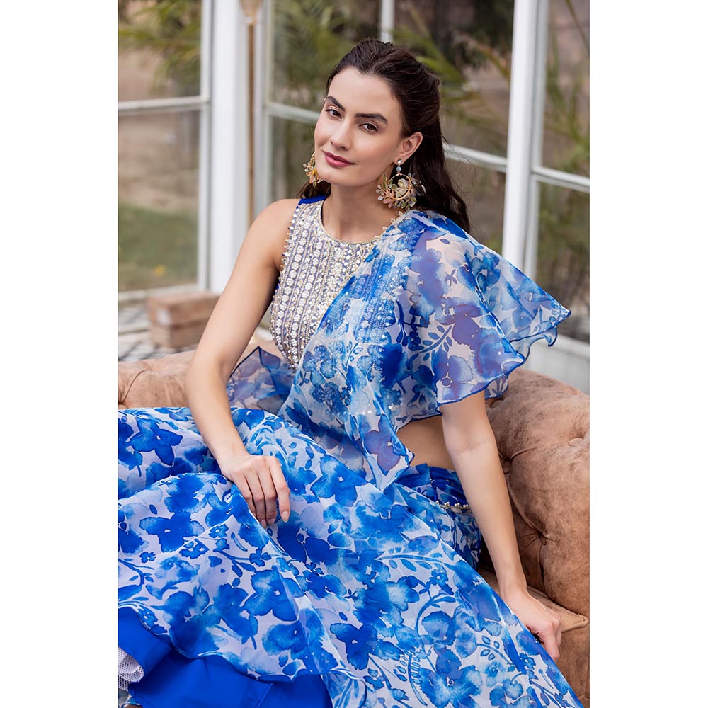 MABISH LUXE Blue Exotic Hydrangea Drape Saree with Stitched Blouse