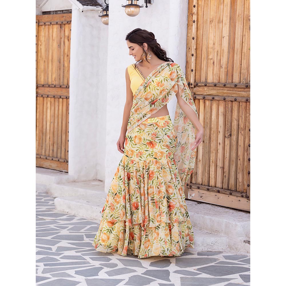 MABISH LUXE Yellow Joyful Marigold Drape Saree with Stitched Blouse