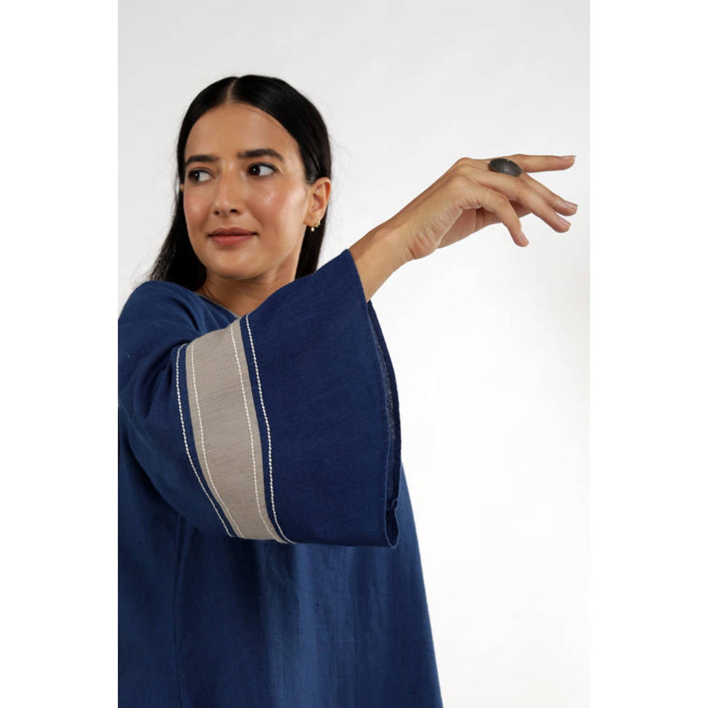 MADDER MUCH Indigo Chanderi V-Neck Solid Kurta With Palazzo