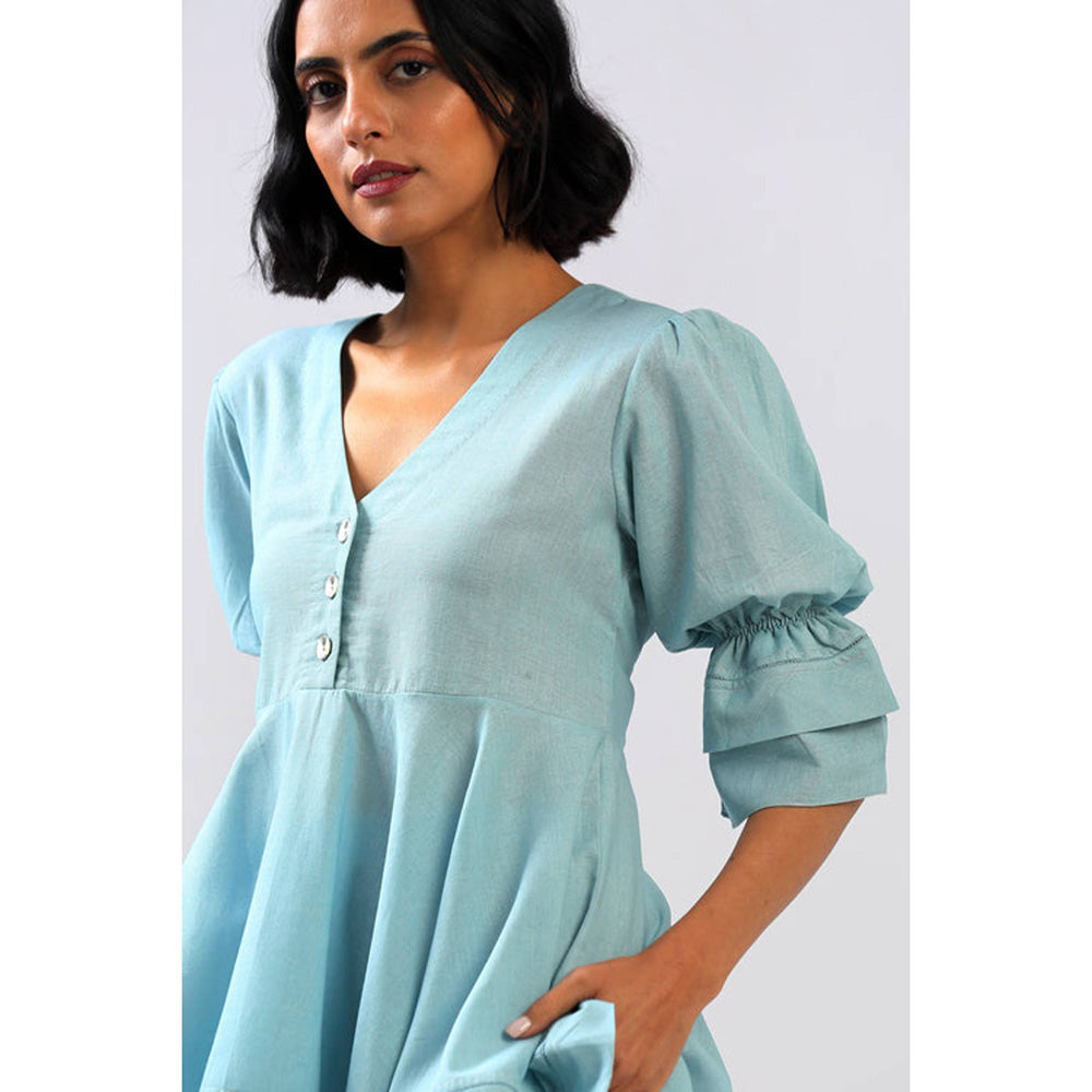 MADDER MUCH Blue Solid/Plain V-Neck Tunic Kurta With Pant Co-ords