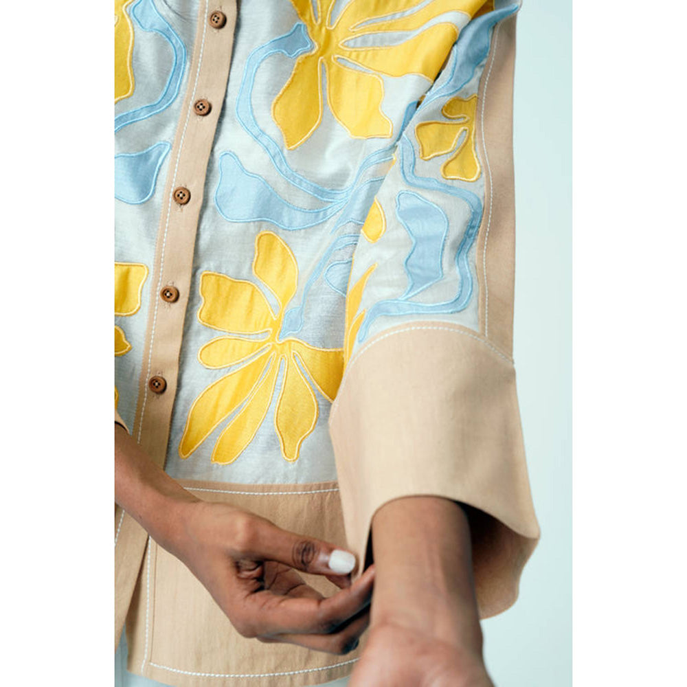 MADDER MUCH Bask and Pete Latte Panel Appliqued Top with White Pleated Pants