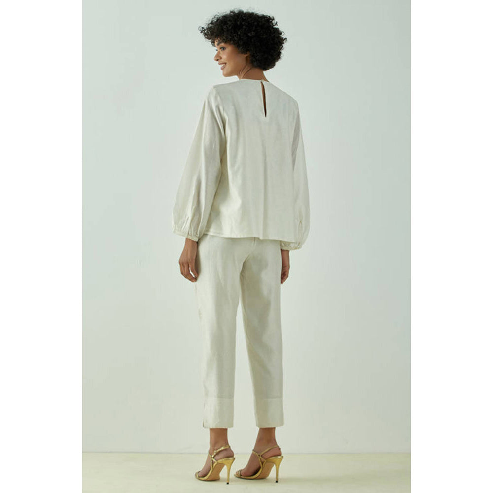 MADDER MUCH Women Off White Chanderi Silk Floral Top with Pant