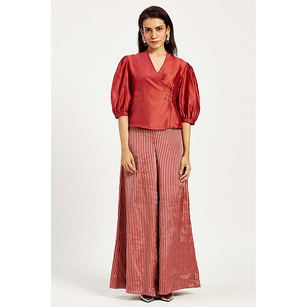 MADDER MUCH Cotton Red V-Neck Stripes Top With Waist Coat And Palazzo
