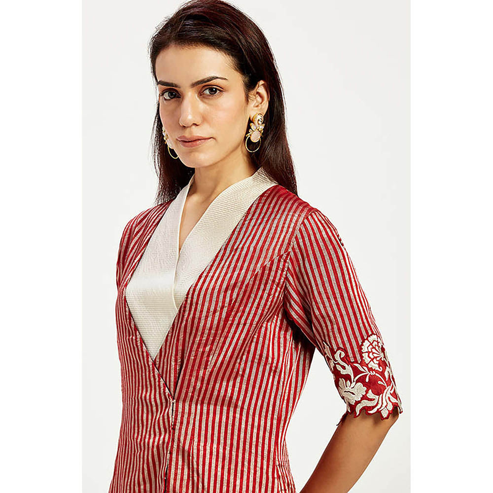 MADDER MUCH Red Cotton V-Neck Stripes Midi Dress