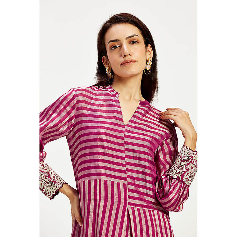 MADDER MUCH Pink Cotton Mandarin Neck Stripes Knee Length Dress